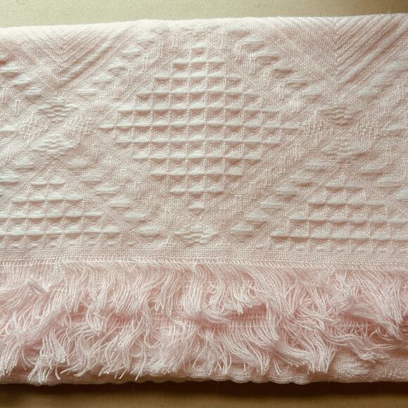 Vintage Pastel Pink 100% Acrylic Baby Blanket Fringe Made Japan Square 38x38 - Picture 1 of 5